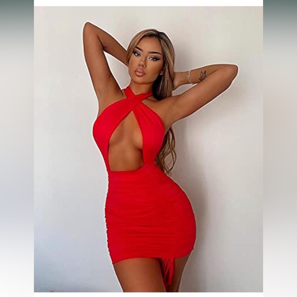 Halter neck backless bodycon red dress